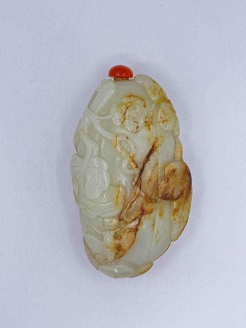 Carved Mutton Fat Jade Snuff Bottle with Carnelian Stopper (1 of 2)