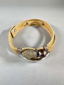 Taylor & Tessier Tan Suede Choker with Silver Accents with Pearl Faceted Stone