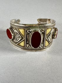 Silver and Carnelian Cuff Bracelet, Tribal