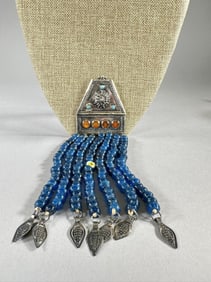 Antique Tribal Silver and Blue Glass Bead Necklace