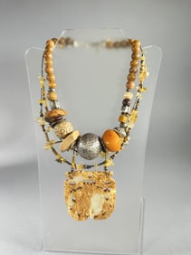 Jaana Designs, 925 artisan Beaded Necklace with Carved Pendant and Natural Stones