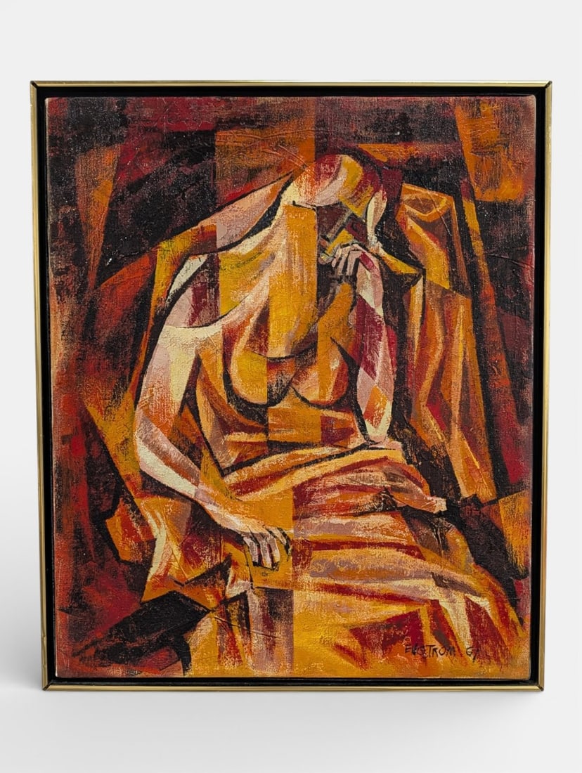 MCM 1967 Martin Engstrom Abstract Oil On Canvas: Firery Orange and Red Female Portrait Oil on Canvas. MCM 1967 Martin Engstrom Abstract Oil On Canvas