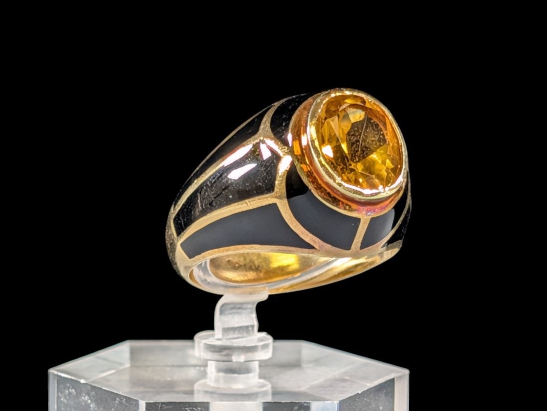 Ladies 14K Yellow Gold and Citrine with Black Ring Size 8: 3.06 carats. Citrine with Diamond Melee. Ladies 14K Yellow Gold and Citrine with Black Ring Size 8