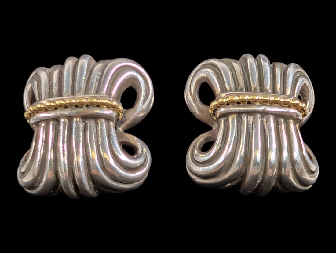 Lagos Caviar Fluted Statement Earrings Sterling Silver & 18K: Lagos Caviar Fluted Statement Earrings Sterling Silver & 18K