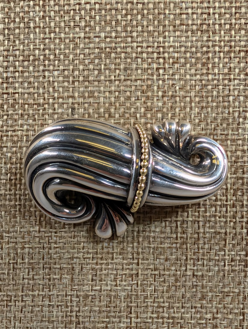 Lagos Caviar Fluted Sterling Silver & 18K Scroll Brooch: Lagos Caviar Fluted Sterling Silver & 18K Scroll Brooch