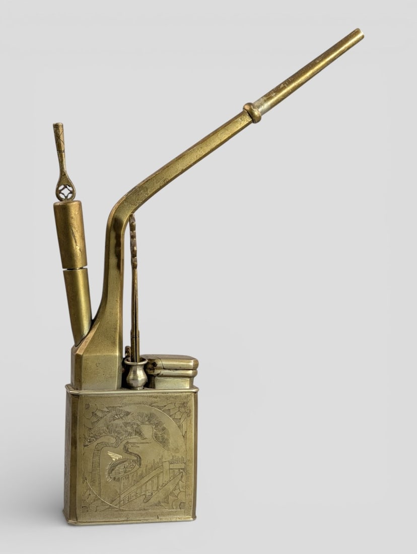 Antique Bronze Asian Opium Pipe Engraved with Crane and Garden Scene: Antique Brass Asian Pipe Engraved with Crane and Garden Scene. Antique Bronze Asian Opium Pipe Engraved with Crane and Garden Scene