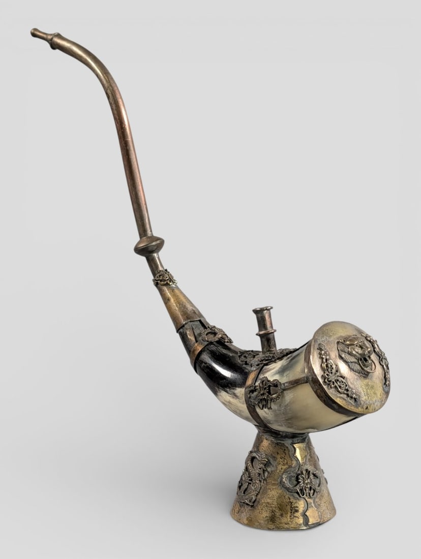 1920 Asian Decorative Horn Silver Embellished Opium Pipe (1 of 3)