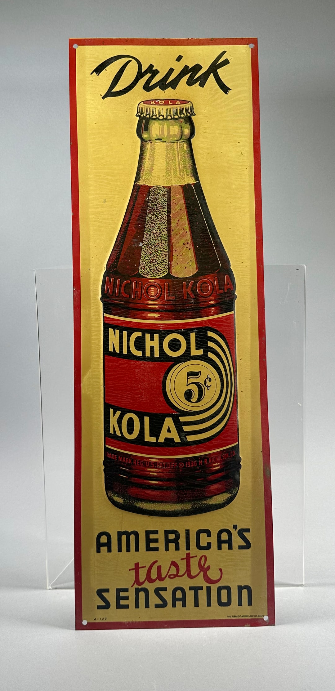 Nichol 5 Cent Kola Vintage Pressed Tin Sign: Nichol 5 Cent Kola Vintage Pressed Tin Sign Wear appropriate for its age.