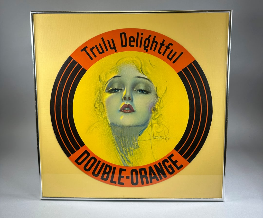 Vintage Delightful 1930's Cardboard Ad for "Truly Delightful Double-Orange Soda" by Rolf Armstrong: Vintage Delightful 1930's Cardboard Ad for "Truly Delightful Double-Orange Soda" by Rolf Armstrong Wear appropriate for its age.