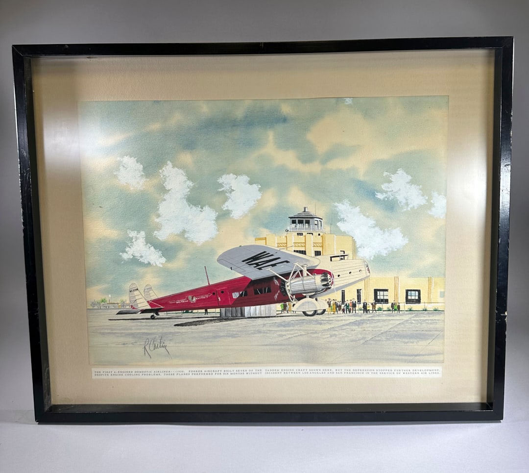 Robert Carlin Watercolour Depicting First 4 Engine Plane 1930 in Frame (1 of 2)
