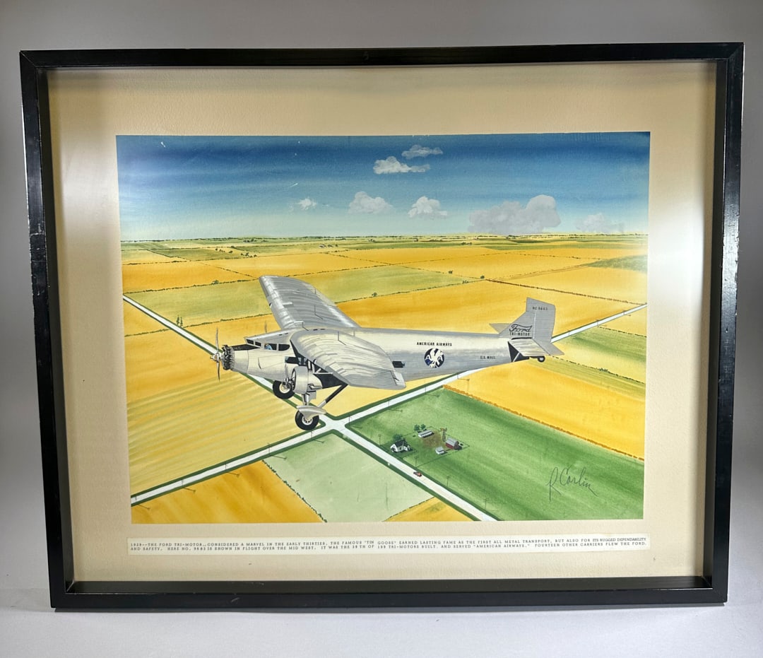 Robert Carlin Watercolour Depicting 1929 Ford Engine Plane American Airways: Robert Carlin Watercolour Depicting 1929 Ford Engine Plane American Airways Wear appropriate for its age.