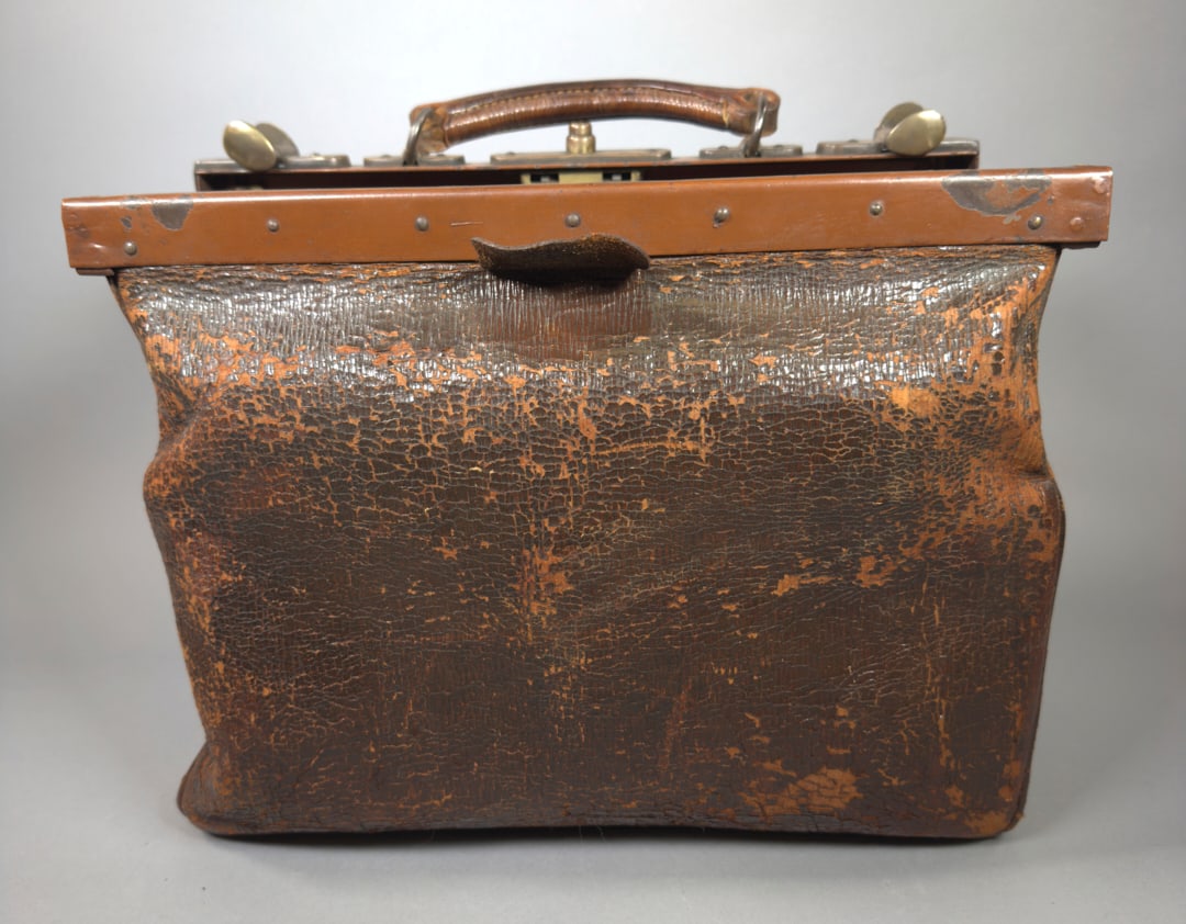 1920's Leather Doctors Bag Metal Closures: 1920's Leather Doctors Bag Metal Closures Wear appropriate for its age.