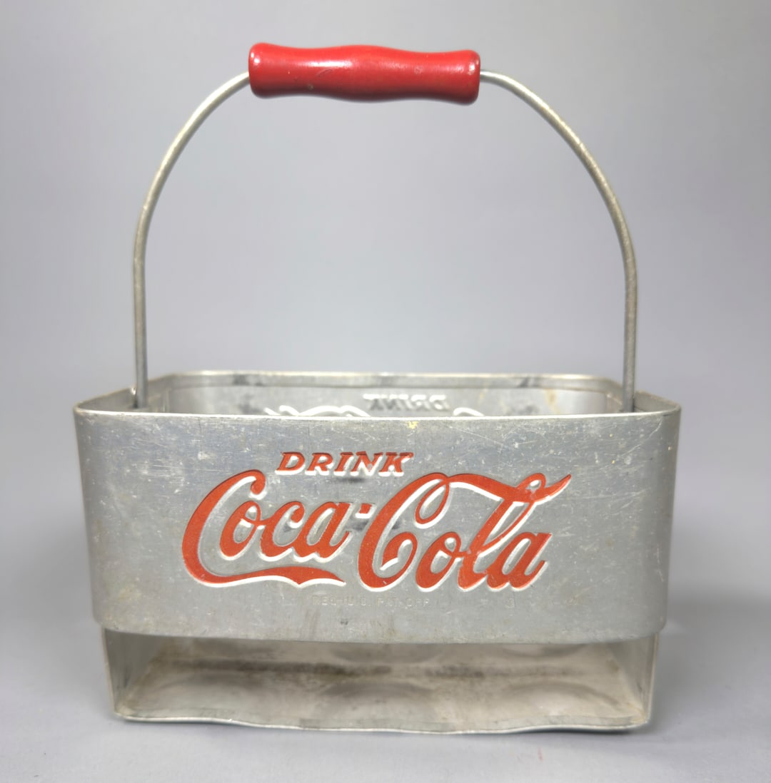 Coca Cola Aluminum Bottle Carrier with Red Wooden Handle Early Design (1 of 3)