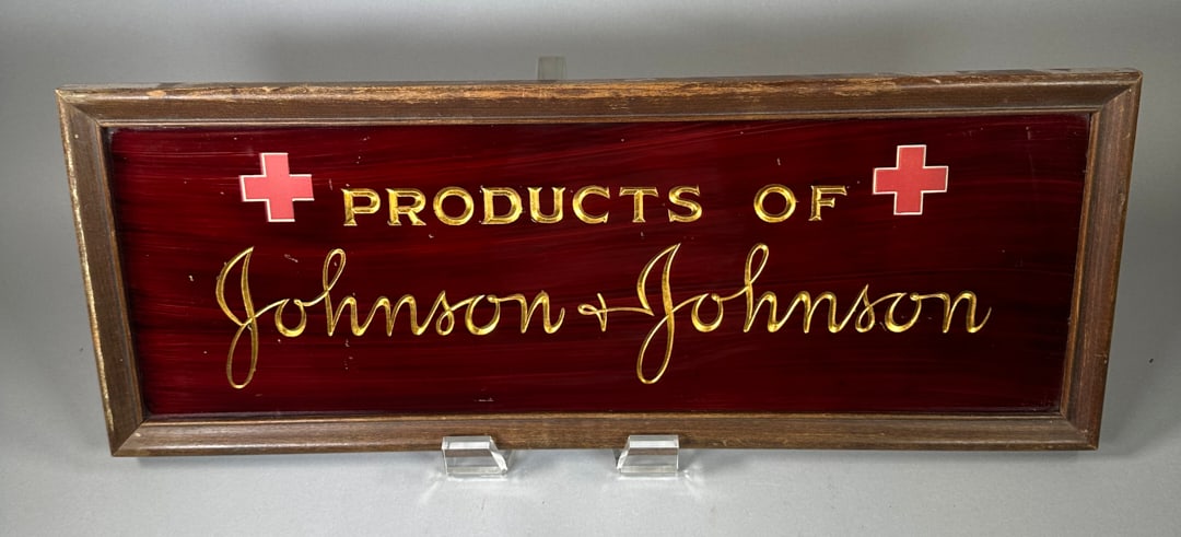 Antique Glass Johnson & Johnson Pharmacy Sign Reverse Painted Glass Gold Foil (1 of 2)