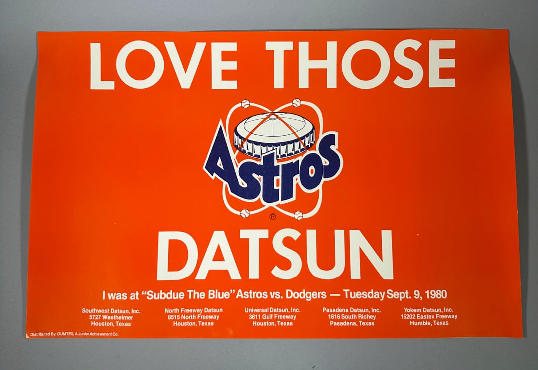 Astros Welcome to Houston 1975 Poster from the Poster Night Datsun Advertising: Astros Welcome to Houston 1975 Poster from the Poster Night Datsun Advertising Wear appropriate for its age.