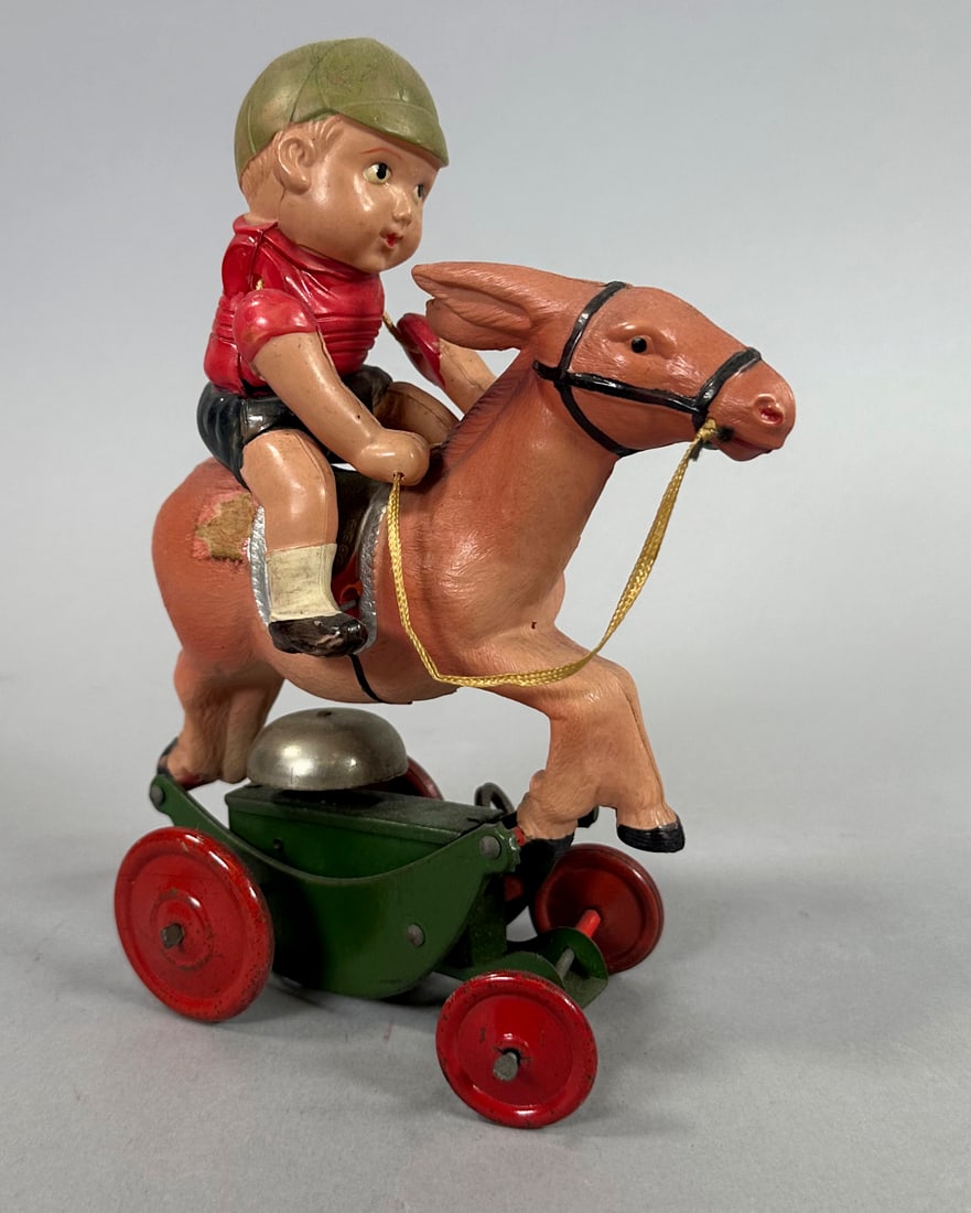 Vintage Celluloid Wind Up Tin Toy Boy on Donkey Japan (1 of 4)