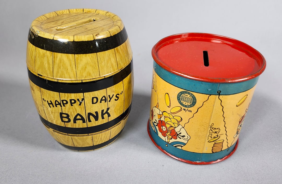 Set of Two Litho Banks J. Chein "Happy Days" Bank & Fern Bisel Peat Made in Ohio Bank (1 of 3)