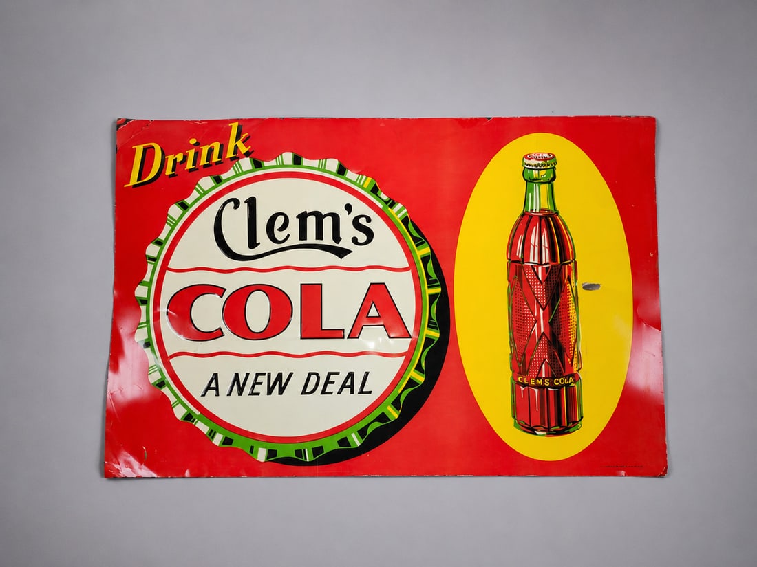 Clem's Cola Sign "A New Deal": Clem's Cola Sign "A New Deal" Wear appropriate for its age.