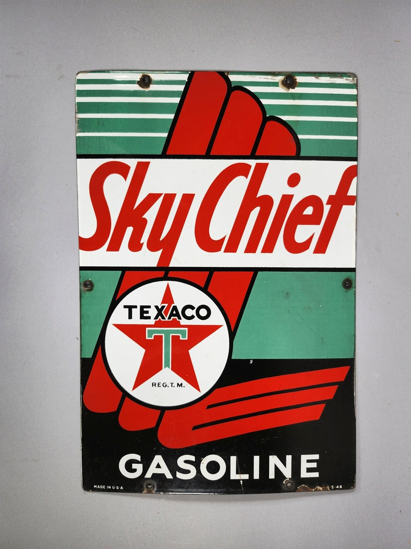 Sky Chief Texaco Porcelain Sign: Sky Chief Texaco Porcelain Sign Wear appropriate for its age.