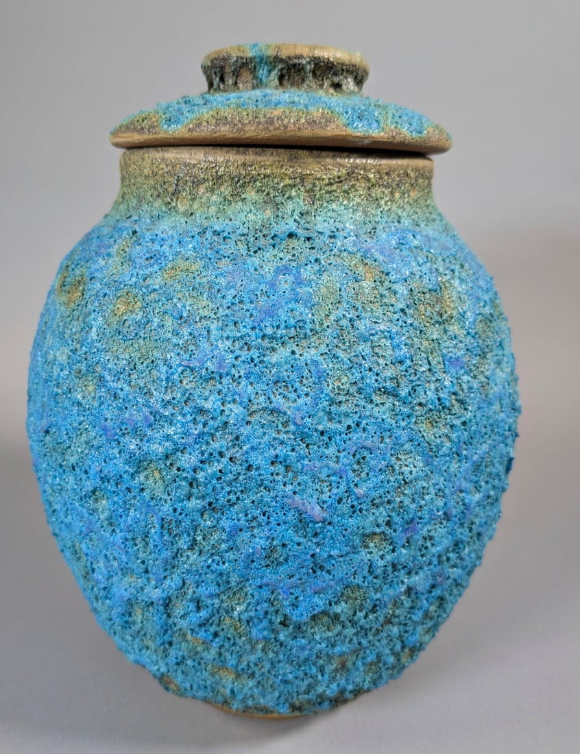 Harding Black MCM Potter from San Antonio Texas TurqoiseLava Style Glaze Ginger Jar with Lid, Signed (1 of 3)