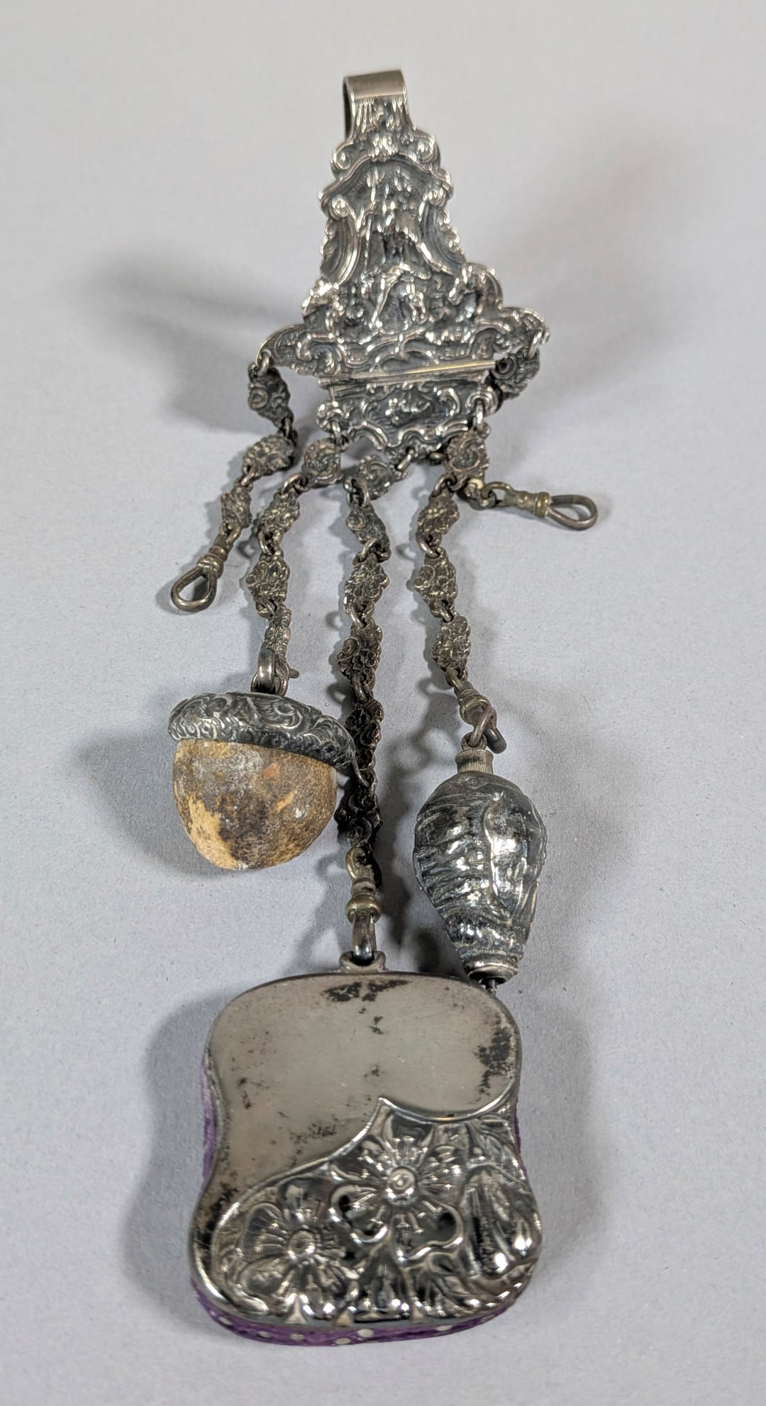 Antique British Sewing Chatelaine Sterling Birmingham Hallmark, Neptune riding 3 seahorses (1 of 4)