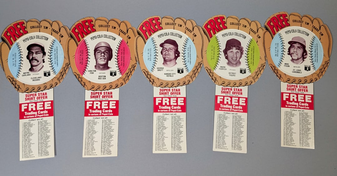 1977 MLB Free Trading Cards Pepsi Cola George Brett, Mark Fidrych, Mike Tyson, Carlton Fisk, Wayne: 1977 MLB Free Trading Cards Pepsi Cola George Brett, Mark Fidrych, Mike Tyson, Carlton Fisk, Wayne Garland. In Excellent Condition.