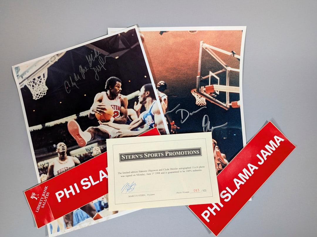 Pair #83/500 Signed Clyde Drexler and Hakeem The Dream Olajuwon, includes 2 Phi Slamma Jamma: Pair #83/500 Signed Clyde Drexler and Hakeem The Dream Olajuwon, includes 2 Phi Slamma Jamma Vintage Stickers. Good Condition Numbered Autographed Photographs.