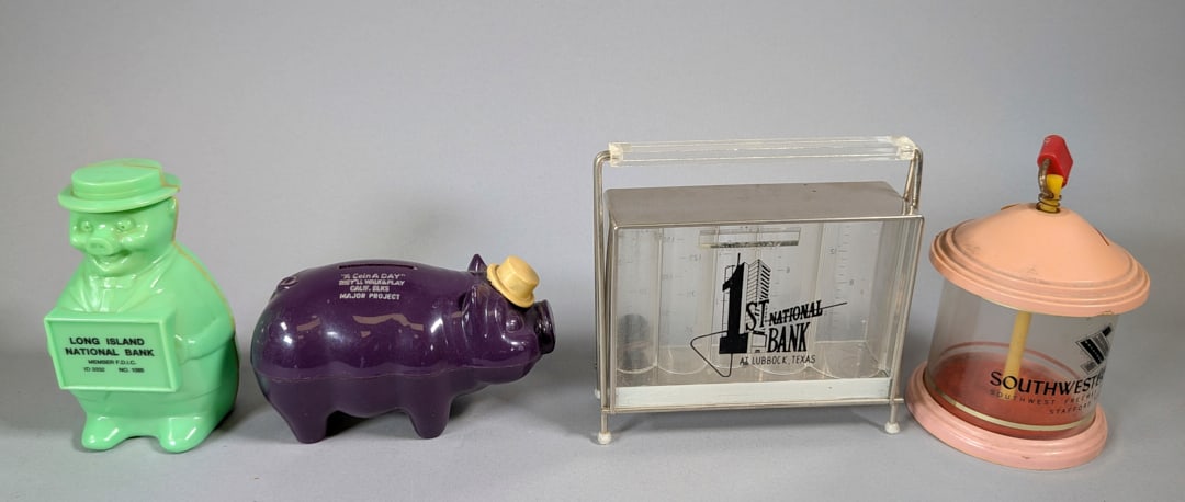 Set 4 Vintage Plastic Advertising Banks Stafford, Texas; Long Island, California; Lubbock , Texas: Set 4 Vintage Advertising Plastic Banks Stafford, TX / Long Island / California / Lubbock, TX, Good Condition.
