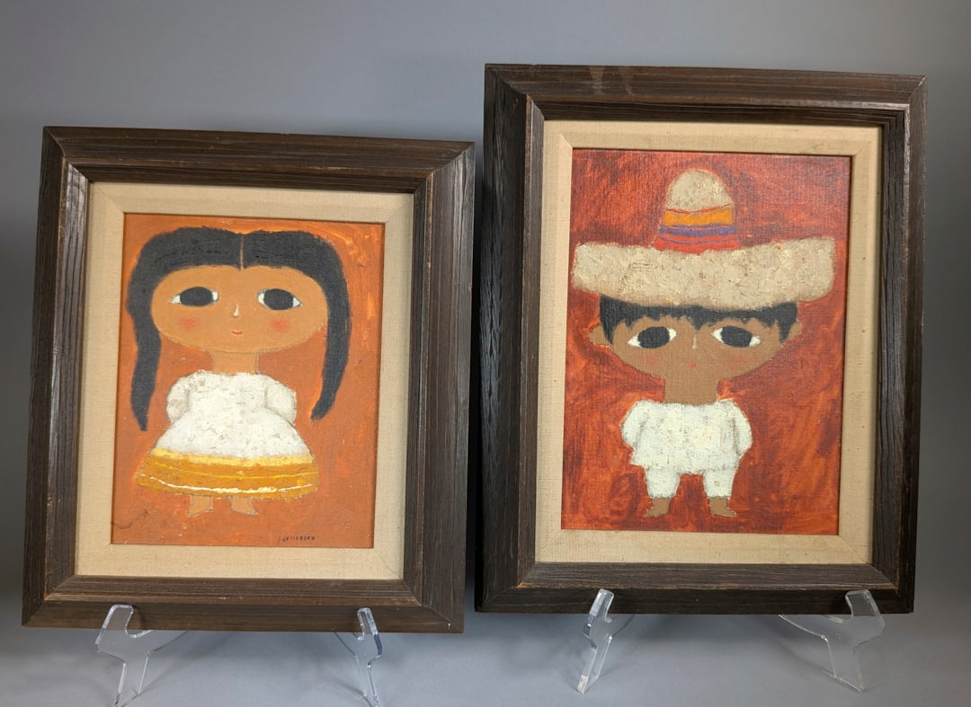 Pair Darlene Jellerson Paintings Big Eyed Naif Style Colonial Mexican Children Portraits (1 of 3)