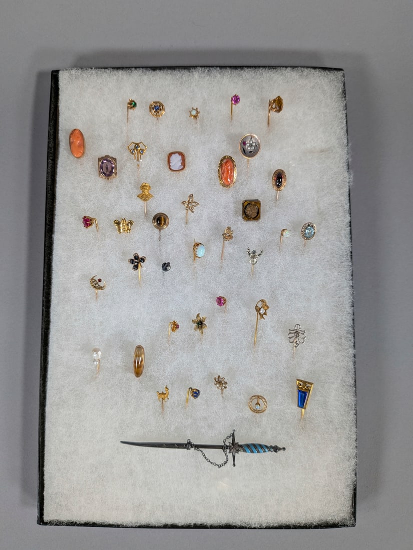 Collection Of Vintage Gold Stick Pins 38 Plus 1 Sterling Sword Pin; cameo, topaz, garnet, tiger (1 of 9)