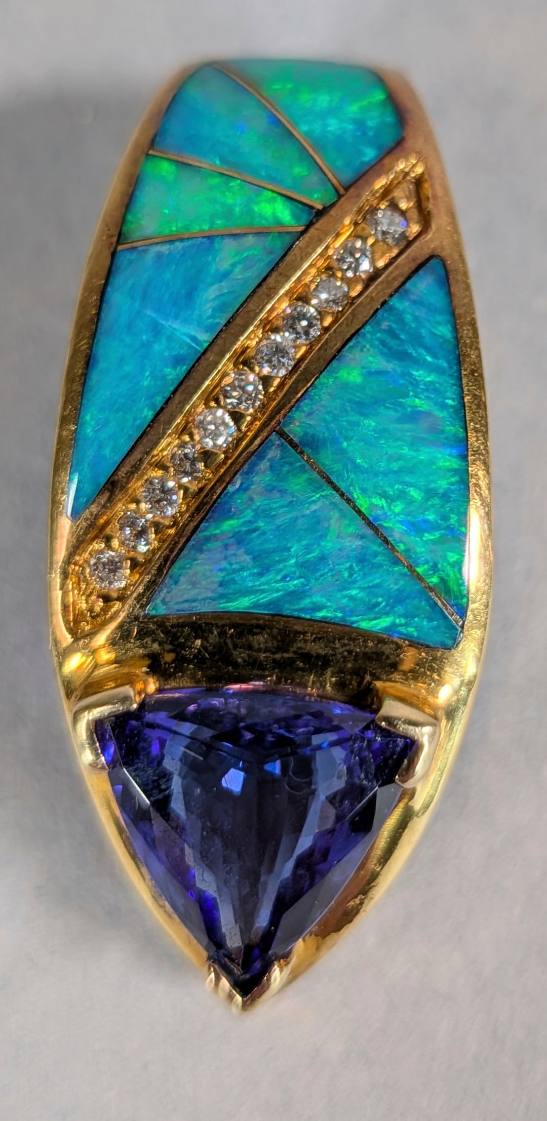 18 karat Diamond Fire Opal & Tanzanite Pendant: 18 karat Diamond Fire Opal & Tanzanite Pendant, 16 grams.