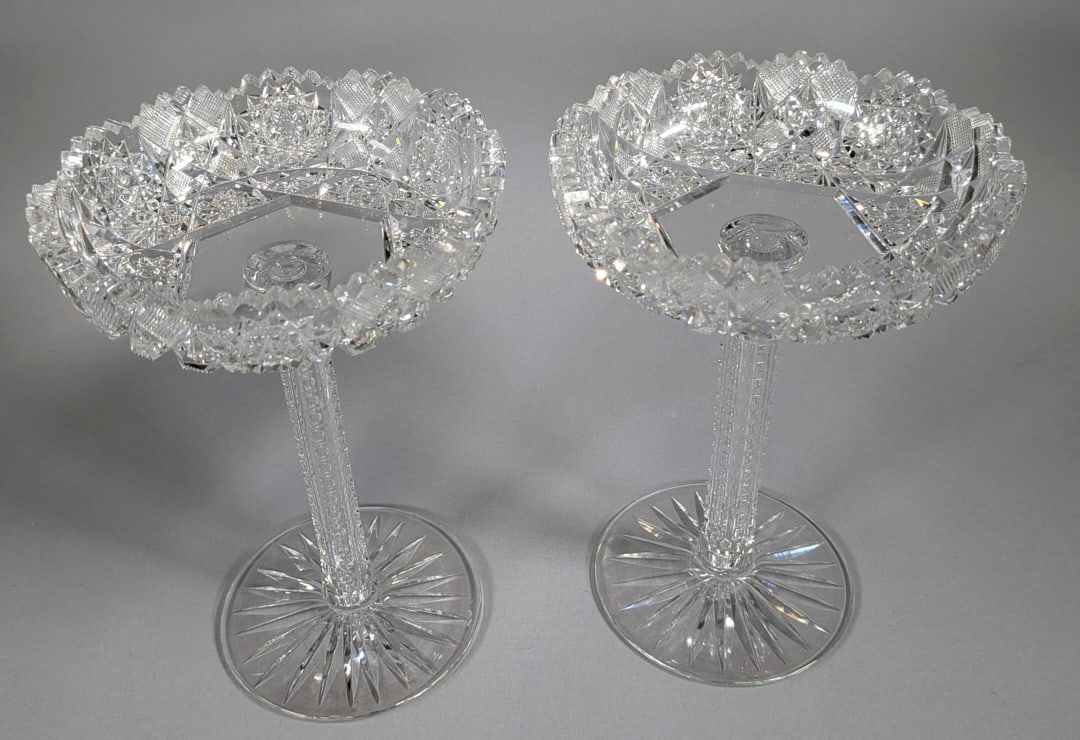 American Brilliant Cut Glass Pair Compotes Zipper Stems 19th Cent. (1 of 3)