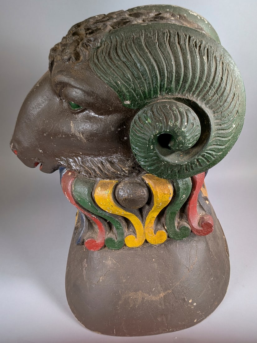 Cin Ears Roma Fiberglass Ram Head Carnival Prop: Cin Ears Roma Fiberglass Ram Head Carnival Prop, Antique.