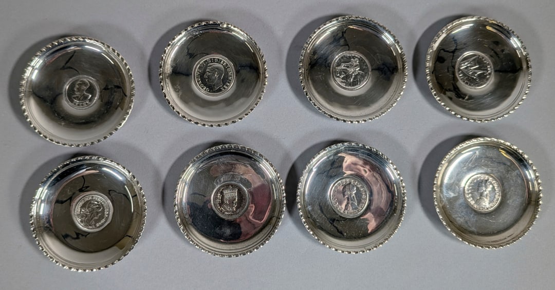 Set of 8, 800 Silver Bowls With Different World Coins (1 of 4)