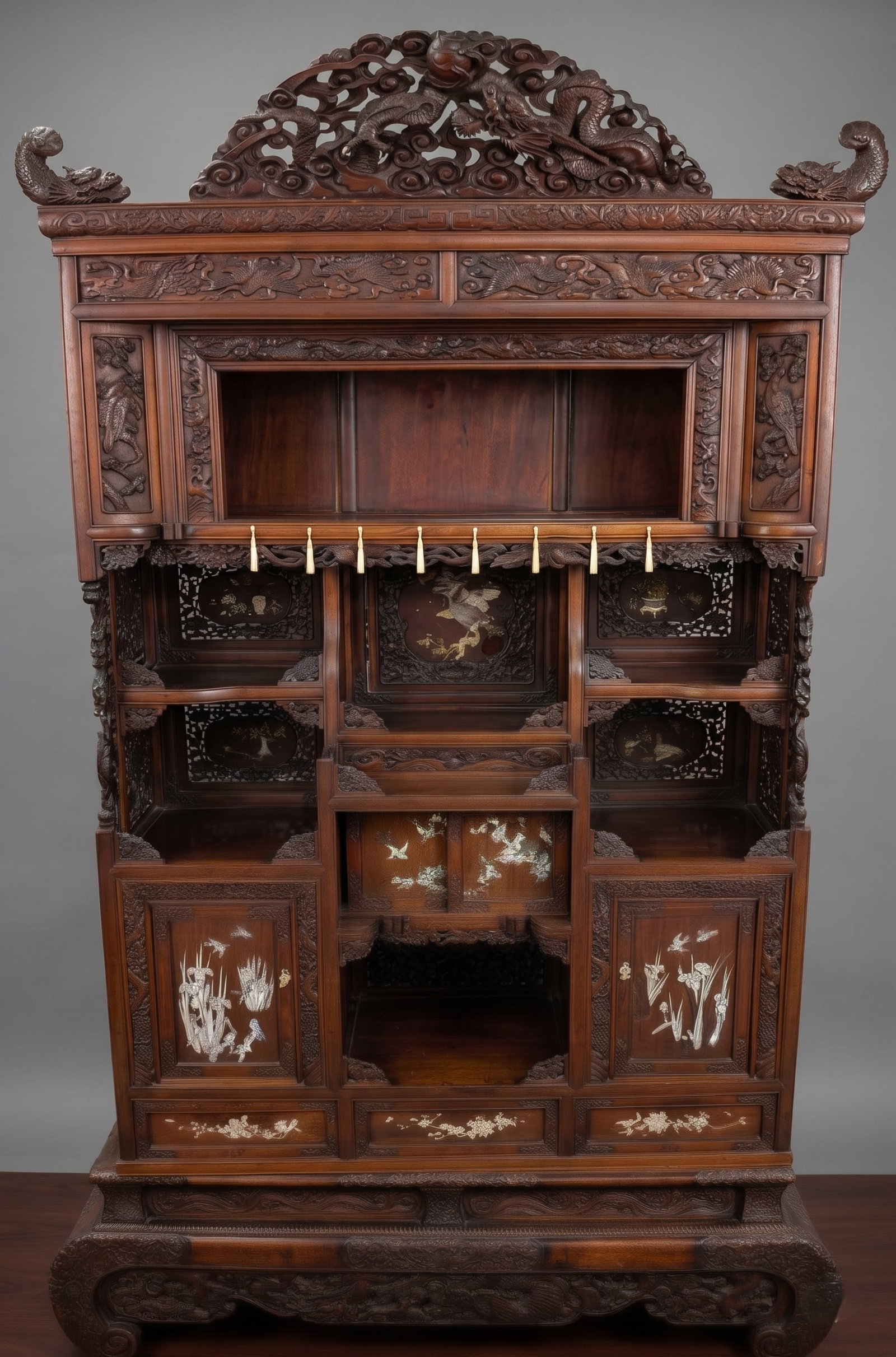 19th Century Shodana Intricate Dragon Motif: 19th Century Shodana, Intricate Dragon Motif, Carved Tassels, Fine Inlay Work.