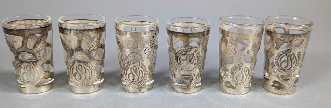 Set of 6 Mexican Sterling Overlay shot Glasses Tequila Jiggers ca. 1950 (1 of 2)