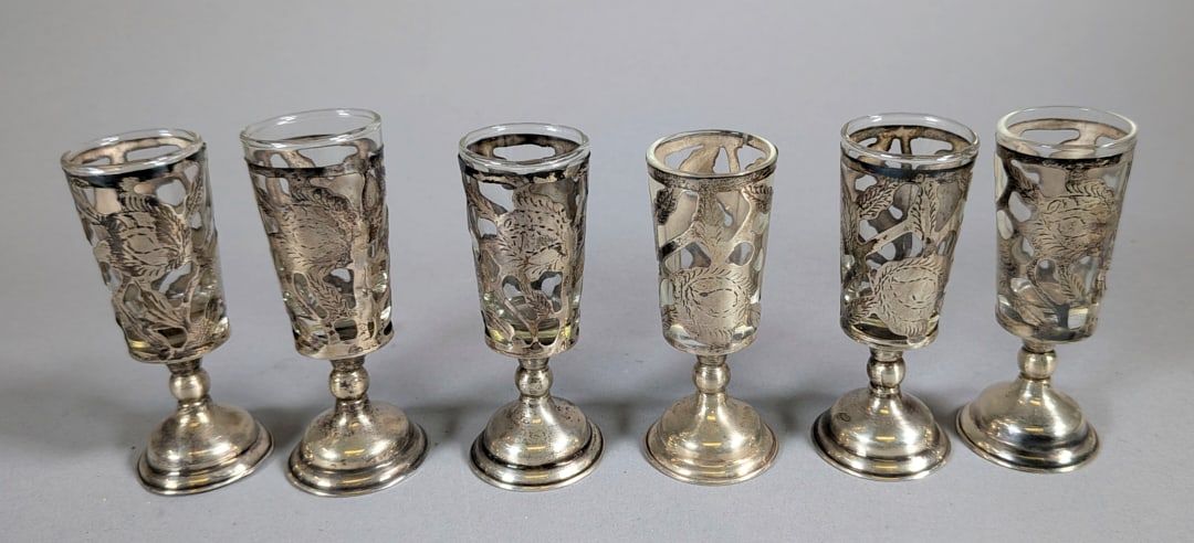 Set of 6 Mexican Sterling Overlay Cordial Glasses: Set of 6 Mexican Sterling Overlay Cordial Glasses.