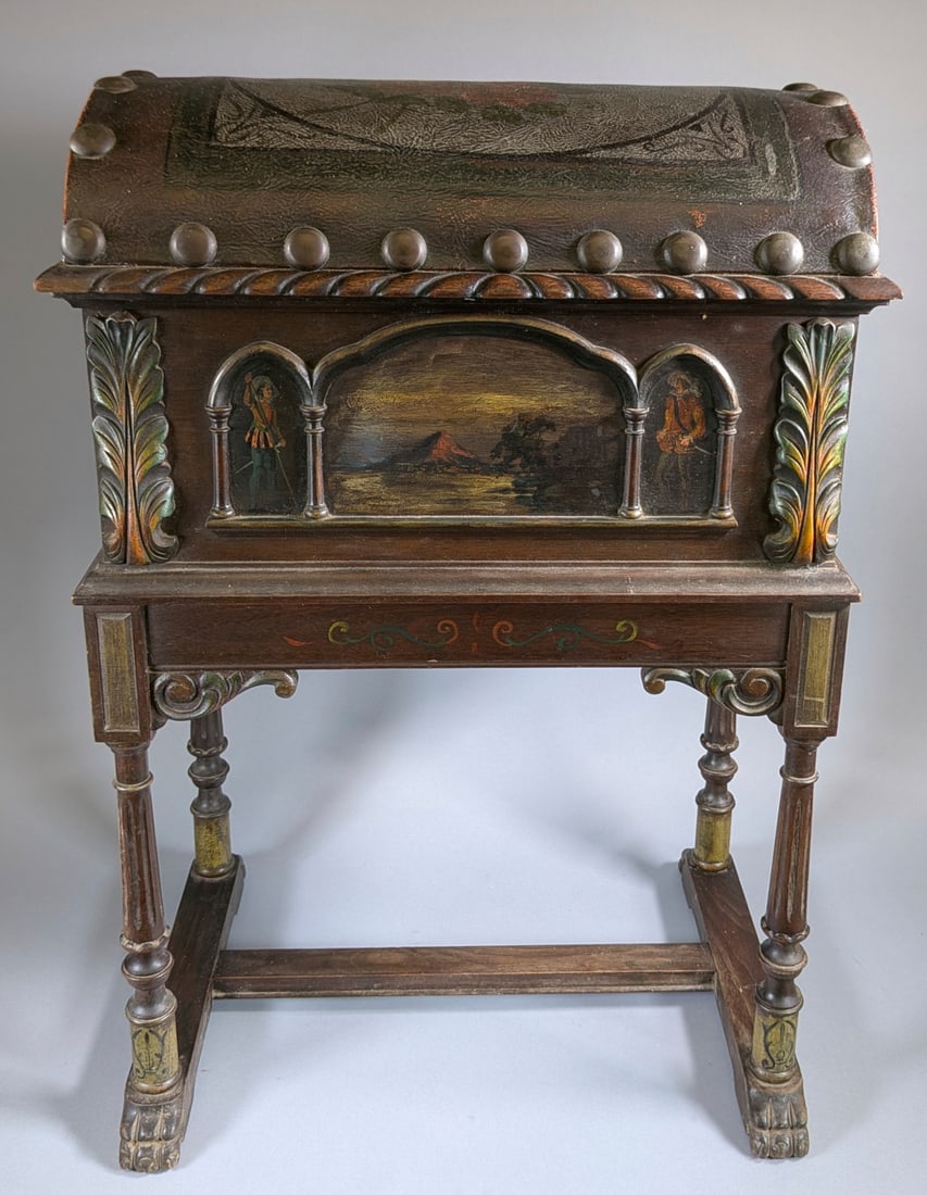 1930s Colonial Mexican Hand Carved Leather Covered & Painted Humidor on Stand Wood (1 of 6)