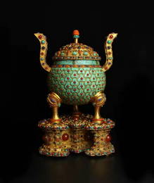 Chinese Gems and Turquoise Inlaid Gilted Bronze Burner