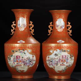 Pair Large Chinese Famille Rose Figures Porcelain Vases