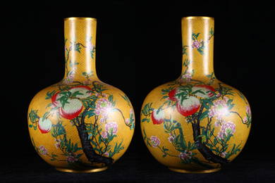 Pair Huge Chinese Cloisonne Gilted Bronze Nine Peaches