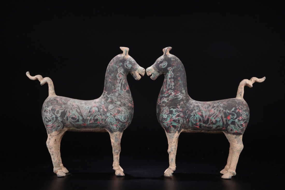 A Pair Chinese Silver Thread Inlaid Bronze Horses (1 of 9)