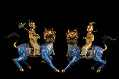 A Large Pair Chinese Cloisonne Gilted Bronze Beasts and Boys