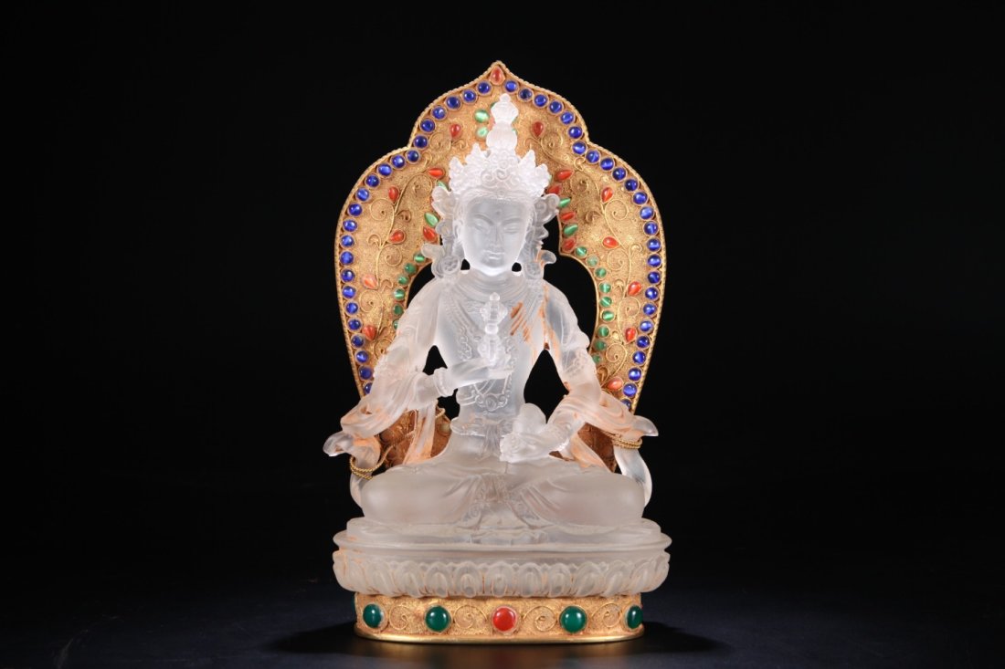 A Chinese Gems and Gilted Bronze Mounted Crystal Guanyin Statue (1 of 9)