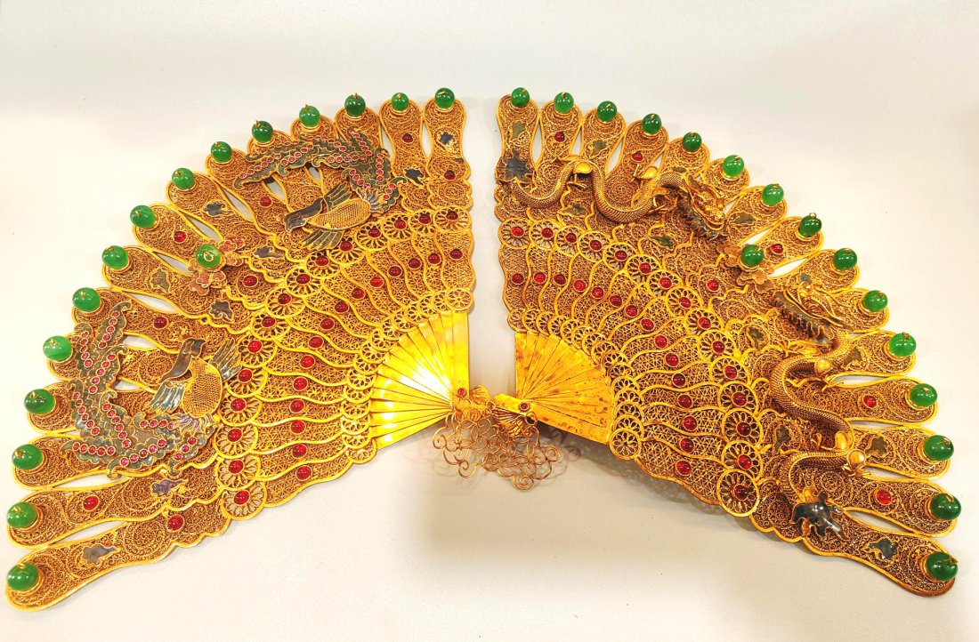 A Pair Chinese Gems Inlaid Gilted Bronze Thread Dragon and Phoenix Fans (1 of 9)