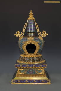 A Large Chinese Cloisonne Gilted Bronze Lotus Relic Pagoda: A Large Chinese Cloisonne Gilted Bronze Lotus Relic Pagoda, Qing Dynasty with Qianlong Mark, Size: 67*34.2cm.