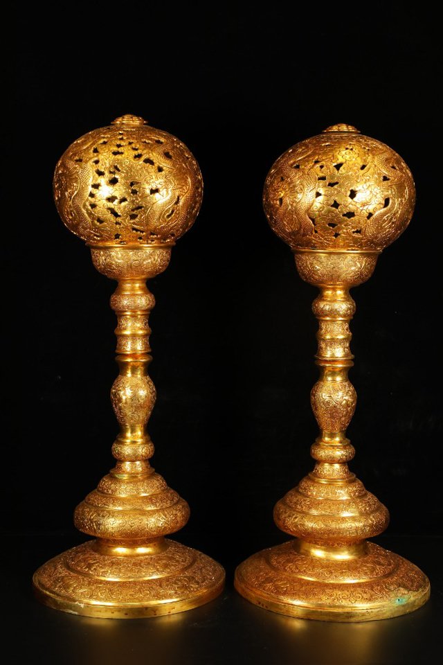 A Pair Chinese Gilted Bronze Dragon Palace Lamps (1 of 9)