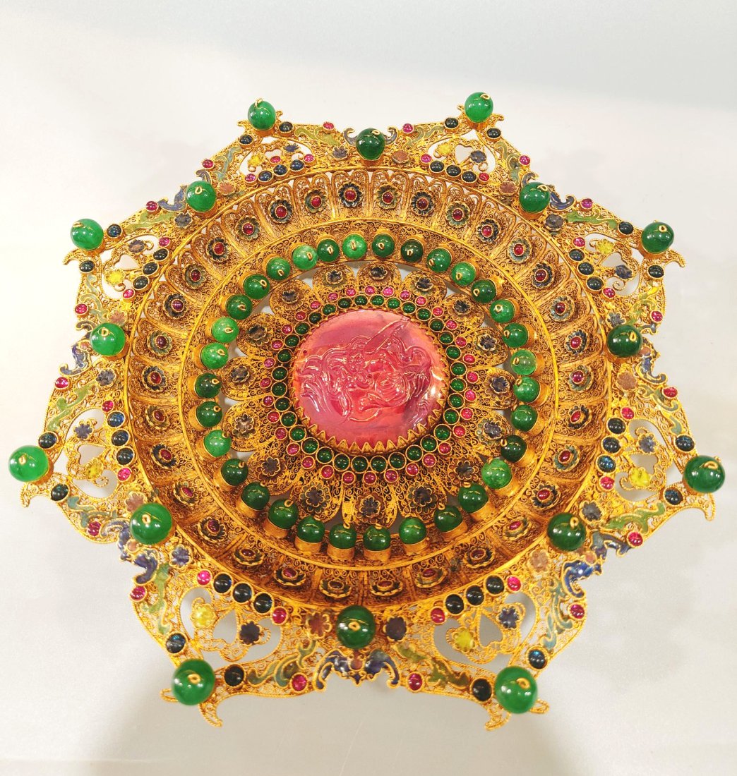 A Chinese Gems Inlaid Gilted Bronze Thread Flower Plate (1 of 9)