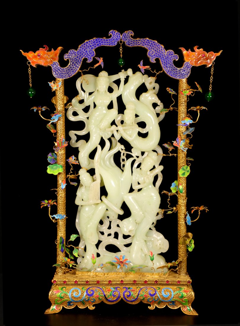 A Chinese Gems Inlaid Gilted Pure Silver Thread He Tian Jade Dancers (1 of 9)