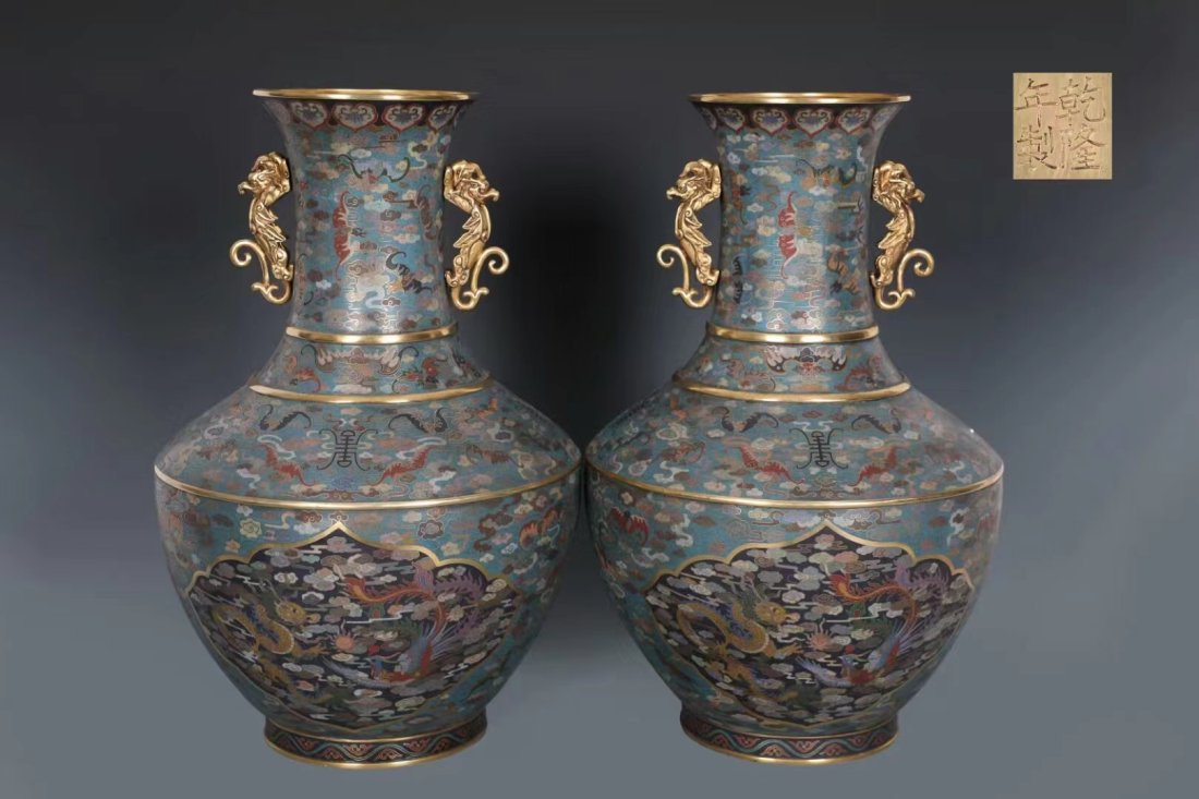 A Large Pair Chinese Cloisonne Gilted Bronze Dragon and Phoenix Vases (1 of 9)